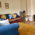 two sofas around a coal effect fire with golden rug and bookcase with games, DVDs, and books